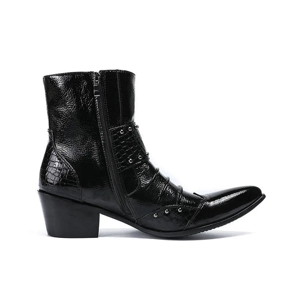 Men's Handmade Black Genuine Leather Pointed Toe Buckles 6.5cm Heels Military Short Ankle Boots  -  GeraldBlack.com