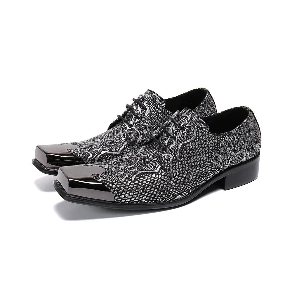 Men's Handmade Dark Gray Snake Pattern Leather Lace-up Oxford Shoes  -  GeraldBlack.com