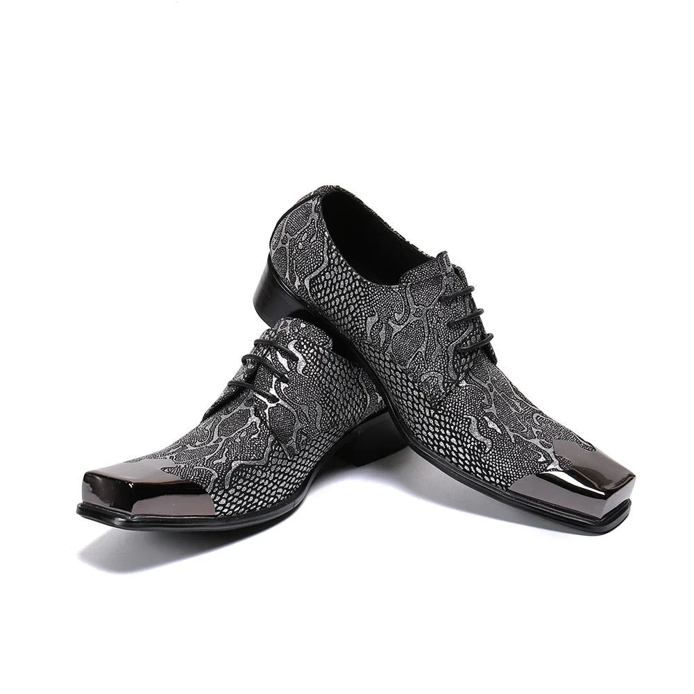 Men's Handmade Dark Gray Snake Pattern Leather Lace-up Oxford Shoes  -  GeraldBlack.com