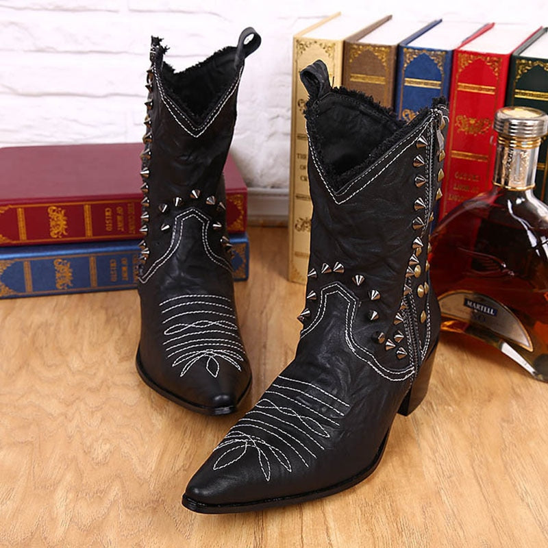 Men's Handmade Leather Handsome Cowboy Boots Black with Rivets Pointed Toe Motorcycle Boots  -  GeraldBlack.com