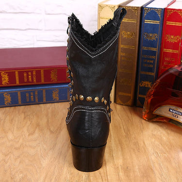Men's Handmade Leather Handsome Cowboy Boots Black with Rivets Pointed Toe Motorcycle Boots  -  GeraldBlack.com