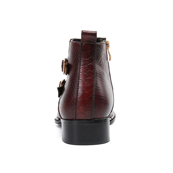 Men's Handmade Wine Red Genuine Leather Buckle Zip Short Motorcycle Boots  -  GeraldBlack.com
