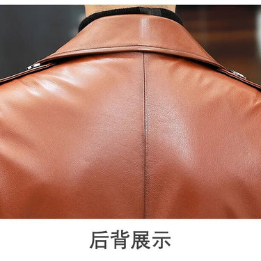 Men's Head Layer Cowhide Business Casual Medium Long Orange Leather Windbreaker Coat  -  GeraldBlack.com