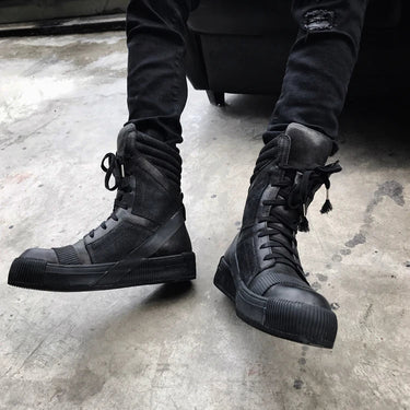 Men's High-Top Genuine Leather Luxury  Casual Lace-up Black Flats Winter Boots  -  GeraldBlack.com