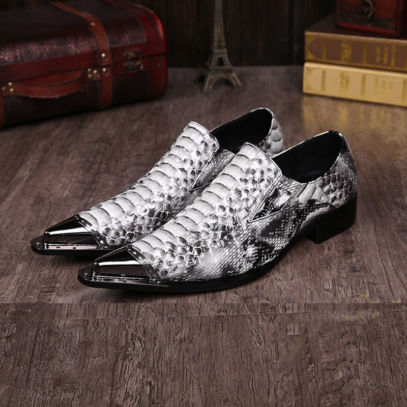 Men's Italian Style Pointed Iron Toe Snake Pattern Leather Oxford Dress Formal Business Party Shoes  -  GeraldBlack.com