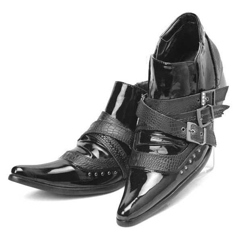 Men's Japanese Super Star Patent Leather Pointed Toe Rivets Casual Black Boots Big Size 45 46  -  GeraldBlack.com