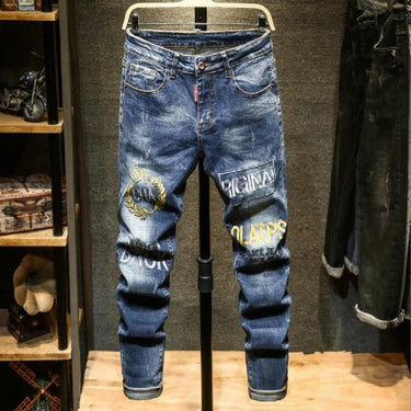 Men's Jeans Fashionable Pants Blue Letter Printing Stretch Small Skinny Embroidery  -  GeraldBlack.com