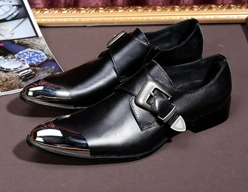 Men's Leather Buckle Strap Pointy Metal Front Cap High Heels Business Dress Oxford Shoes  -  GeraldBlack.com
