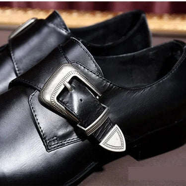 Men's Leather Buckle Strap Pointy Metal Front Cap High Heels Business Dress Oxford Shoes  -  GeraldBlack.com