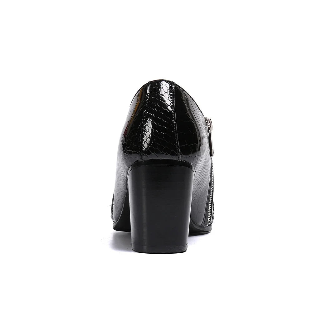 Men's Leather Pointed Toe Zip 6.8cm High Heel Black 38-46 Hombre Party Dress Shoes  -  GeraldBlack.com
