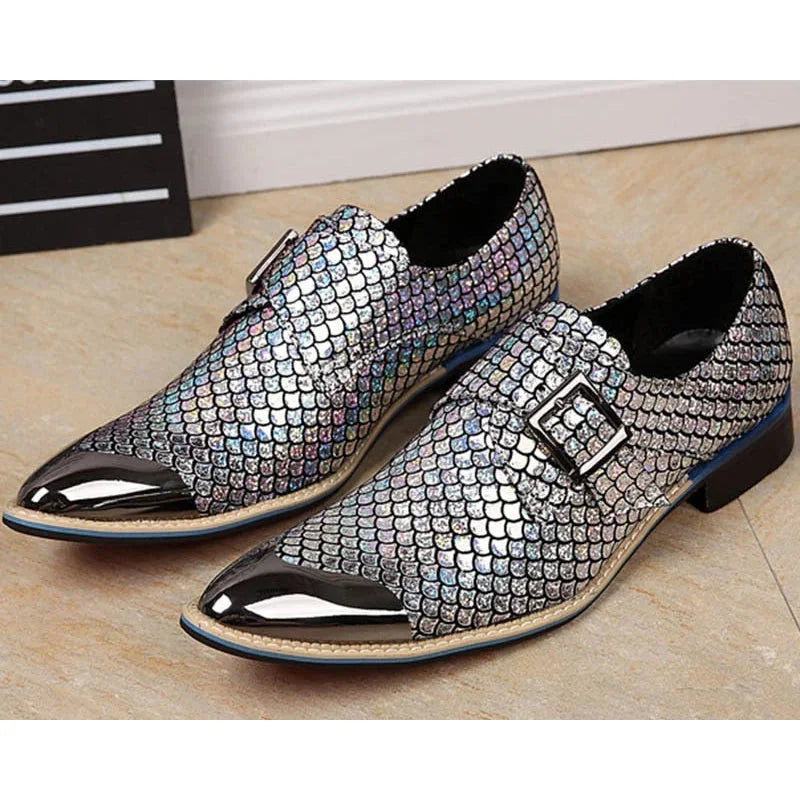 Men's Leather Snake Pattern Buckle Pointed Toe Luxury Fashion Formal Party Dress Shoes  -  GeraldBlack.com