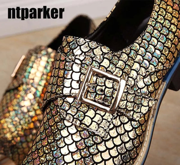 Men's Leather Snake Pattern Buckle Pointed Toe Luxury Fashion Formal Party Dress Shoes  -  GeraldBlack.com
