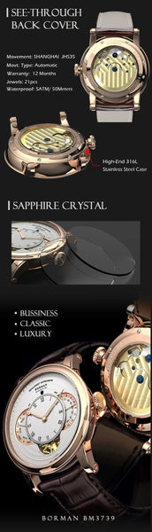 Men's Luxury Automatic Movement Waterproof Genuine Leather Wrist Watch  -  GeraldBlack.com