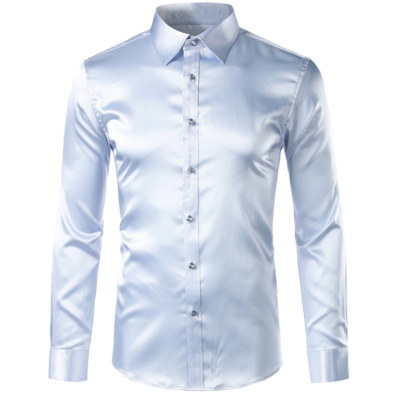 Men's Luxury Satin Silk Turn-down Collar Gold Long Sleeve Party Casual Shirts on Clearance  -  GeraldBlack.com
