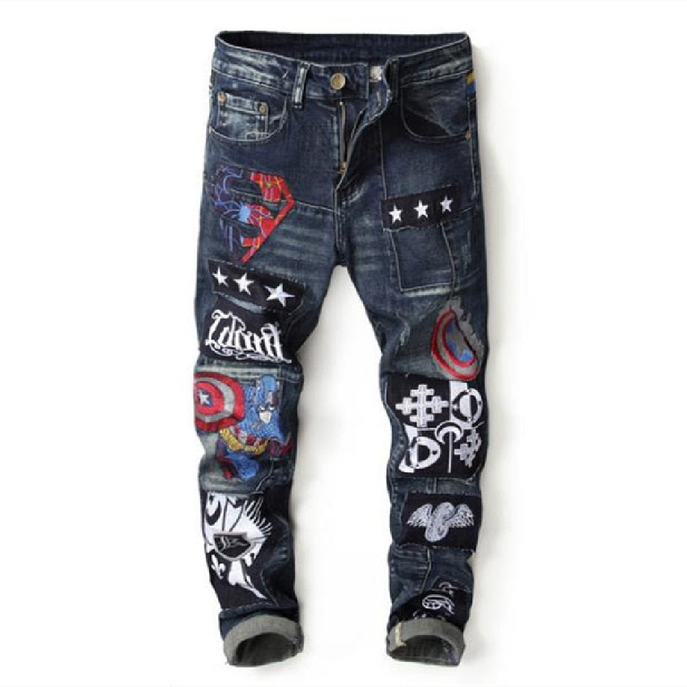 Men's Patchwork Jeans Washed-Out Embroidery Badge Slim Small Straight Leg Jeans  -  GeraldBlack.com