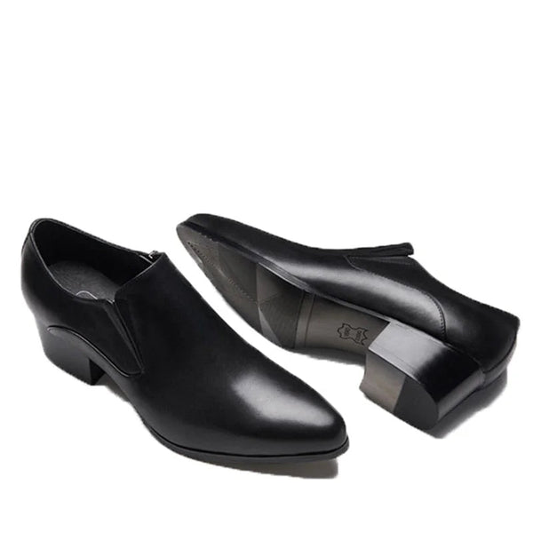Men's Pointed Toe Cowhide Leather 5CM High Heeled Heightened Fashion Zip Dress Shoes Sizes 36-44  -  GeraldBlack.com
