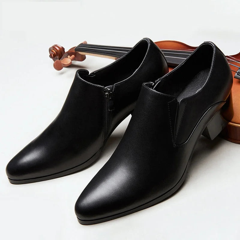 Men's Pointed Toe Cowhide Leather 5CM High Heeled Heightened Fashion Zip Dress Shoes Sizes 36-44  -  GeraldBlack.com