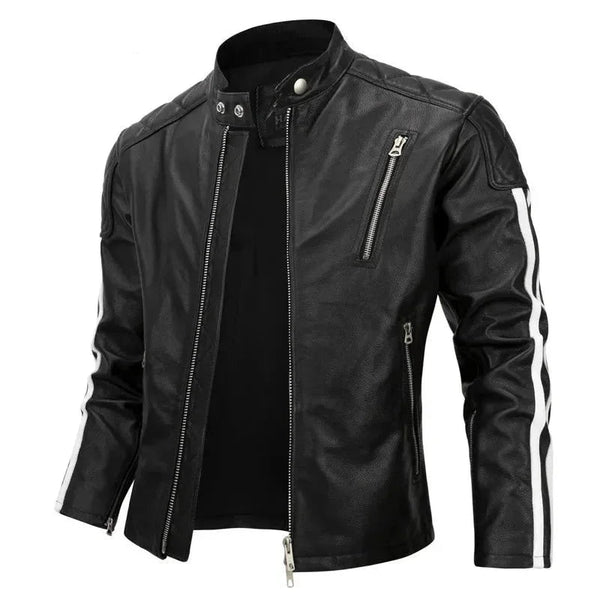 Men's Pure Top Layer Cowhide Leather Stand Collar Short Motorcycle Jacket  -  GeraldBlack.com