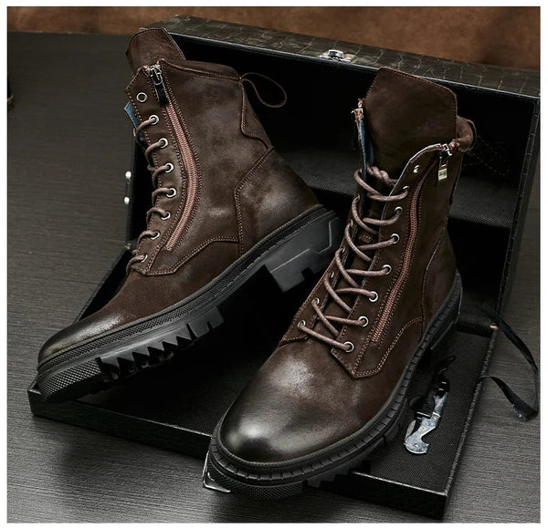 Men's Retro Genuine Leather Motorcycle Mid-calf Boots Cool Work Safety Fashion Winter Shoes  -  GeraldBlack.com