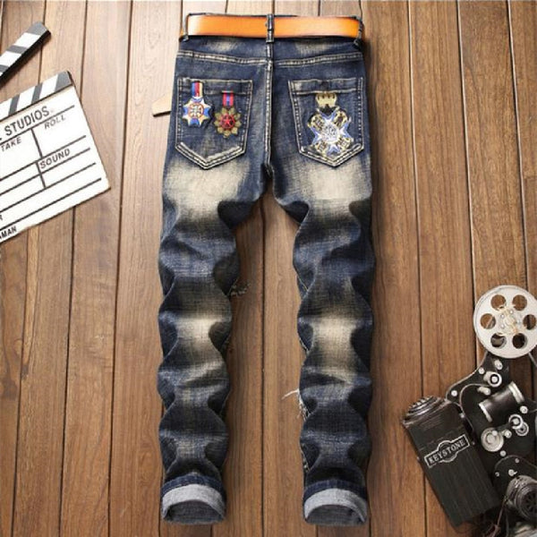 Men's Ripped Jeans Blue Embroidered Fabric European American Badge Joker Tide Jeans  -  GeraldBlack.com