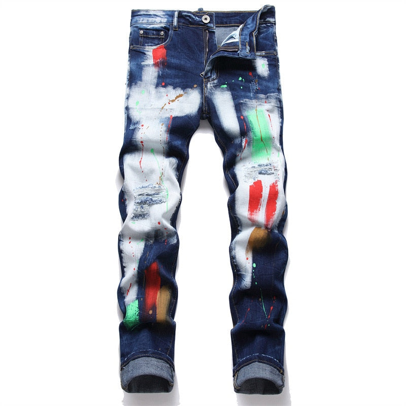 Men's Ripped Paint Ground Jeans White Small Feet Tight Skinny Mid-waist  -  GeraldBlack.com