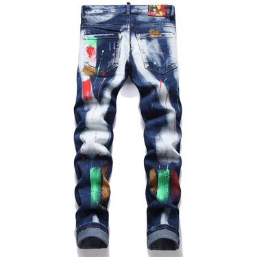 Men's Ripped Paint Ground Jeans White Small Feet Tight Skinny Mid-waist  -  GeraldBlack.com