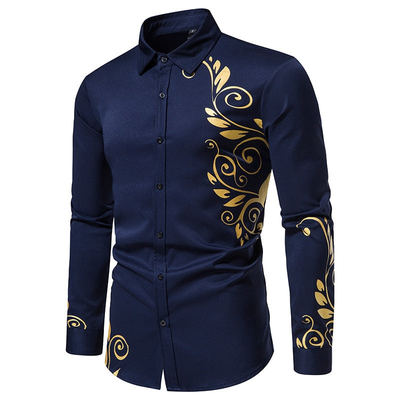 Men's Shirt Stamping Printed Dress Blue Long Sleeves Slim Autumn Casual Button Down Social Shirts  -  GeraldBlack.com