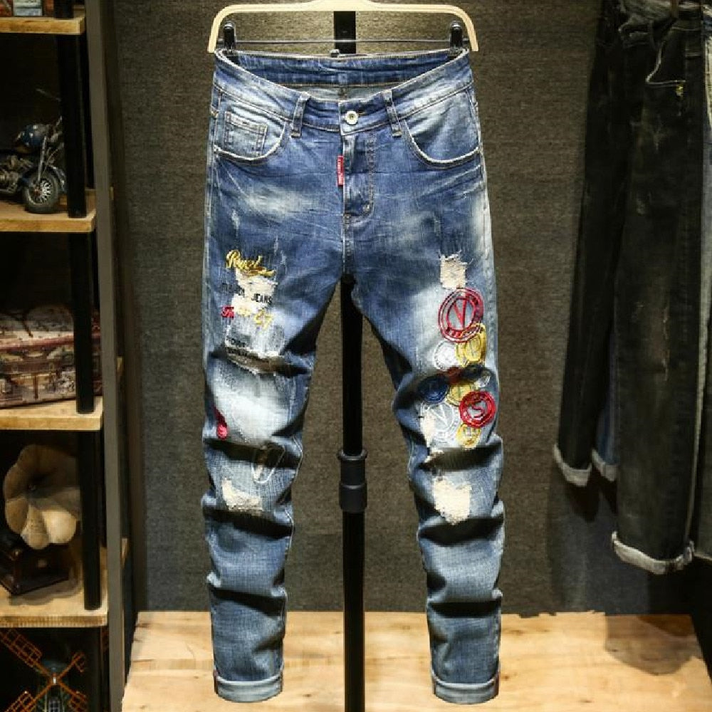 Men's Simple Personality Ripped Blue Embroidery Stretch Small Skinny Jeans Street Casual Pants  -  GeraldBlack.com