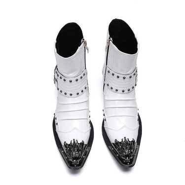 Men's Stylish White Leather Pointed Toe Rivet 6.5cm Heels Ankle Boots  -  GeraldBlack.com