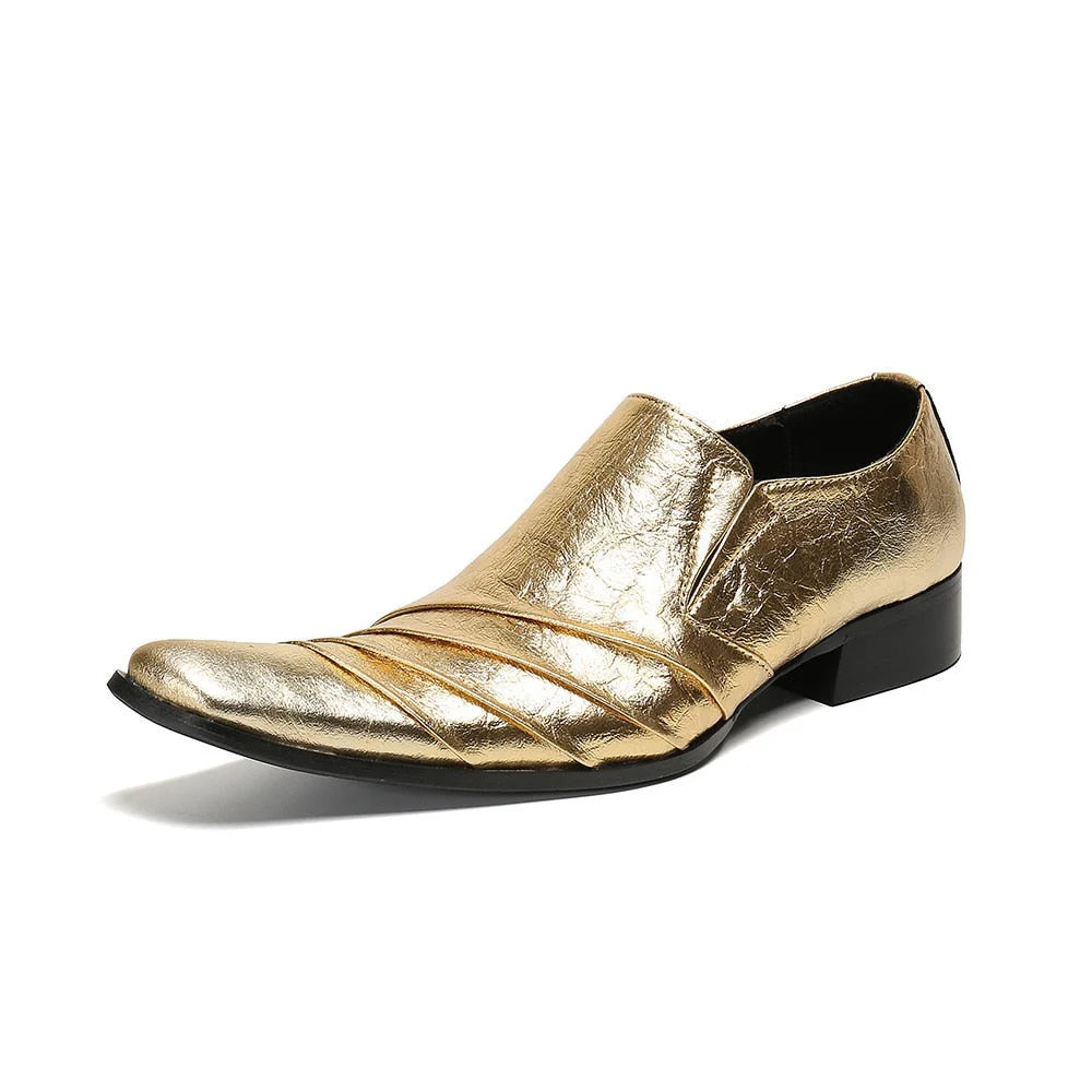 Men's Vintage Metal Pointed Toe Fashion Gold Leather Party Wedding Dress Shoes EU38-46  -  GeraldBlack.com