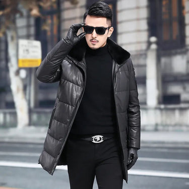 Men's Warm Natural Leather Mink Fur Collar Medium Long Thick Warm Down Winter Coat  -  GeraldBlack.com