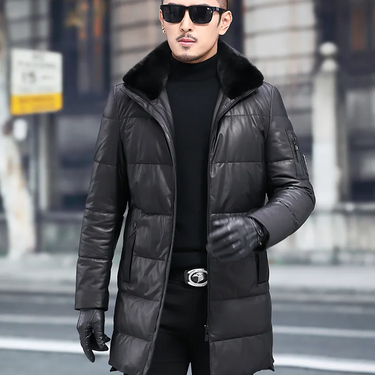 Men's Warm Natural Leather Mink Fur Collar Medium Long Thick Warm Down Winter Coat  -  GeraldBlack.com