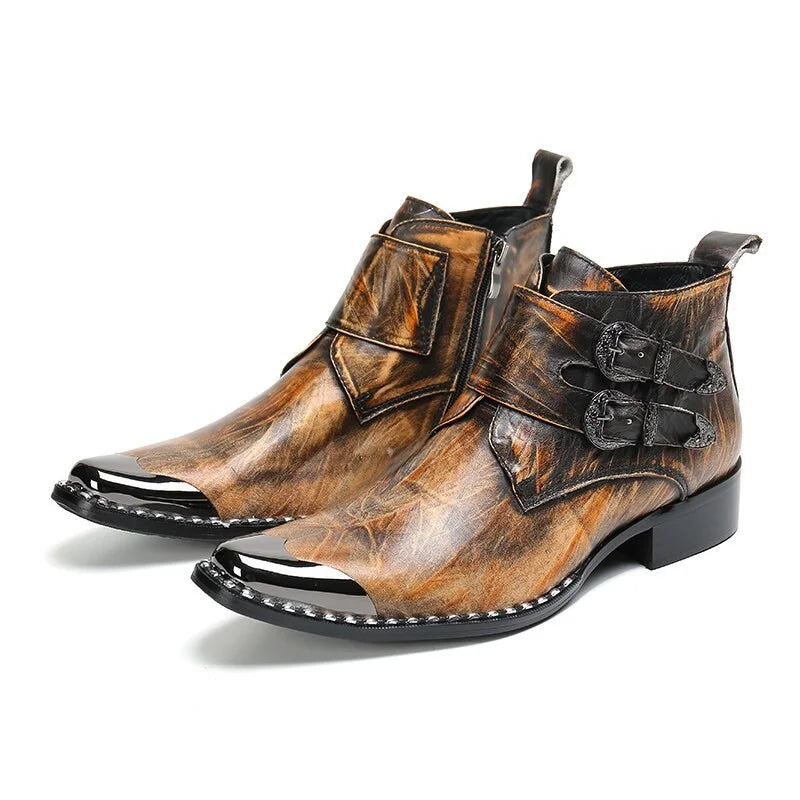 Men's Western Cowboy Buckles Bronze Metal Head Rock Leather Motorcycle Party Ankle Boots  -  GeraldBlack.com