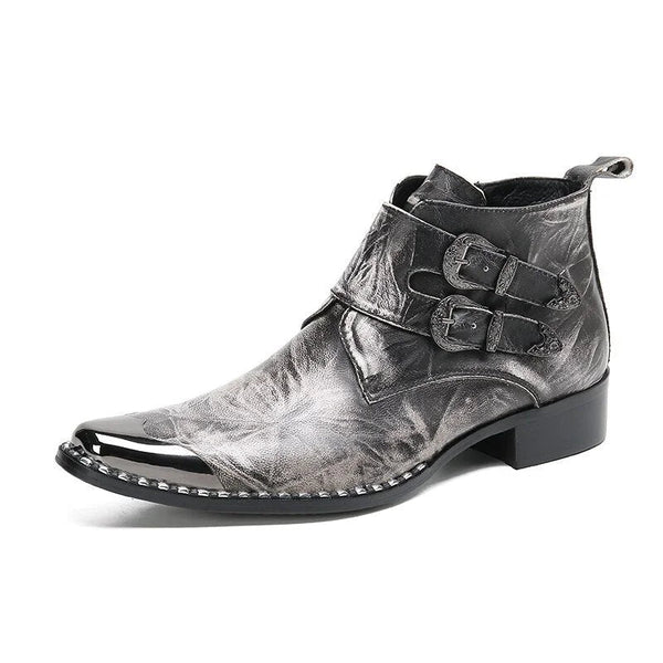 Men's Western Cowboy Buckles Bronze Metal Head Rock Leather Motorcycle Party Ankle Boots  -  GeraldBlack.com