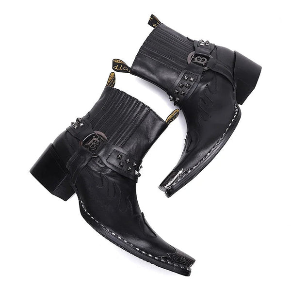 Men's Western Cowboy Rock Pointed Toe Iron Head Genuine Leather Riding Motorcycle Party Ankle Boots  -  GeraldBlack.com