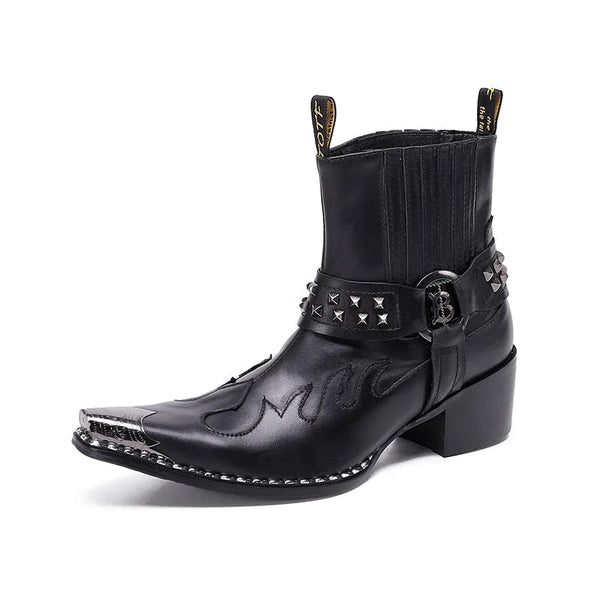 Men's Western Cowboy Rock Pointed Toe Iron Head Genuine Leather Riding Motorcycle Party Ankle Boots  -  GeraldBlack.com