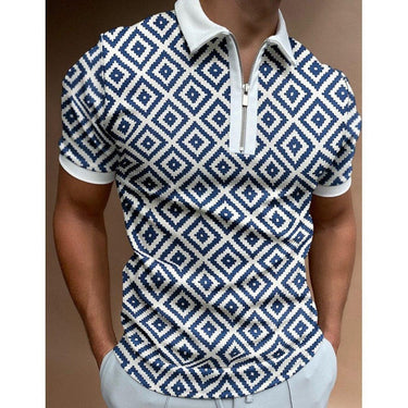 Men's White Blue Vintage Printing Oversized Zipper Short Sleeve Casual Streetwear Polo Shirt Summer Clothes  -  GeraldBlack.com