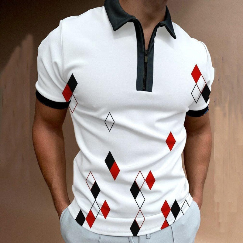 Men's White Vintage Printing Oversized Zipper Short Sleeve Casual Streetwear Polo Shirt Summer Clothes  -  GeraldBlack.com