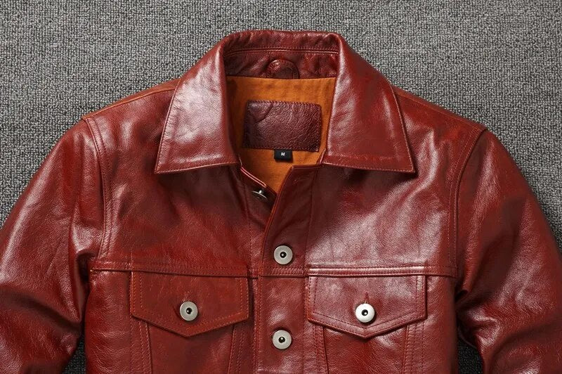 Men's Wine Red Oil Wax Pure Cowhide Lapel Genuine Leather Motorcycle Slim Coat  Jacket  -  GeraldBlack.com