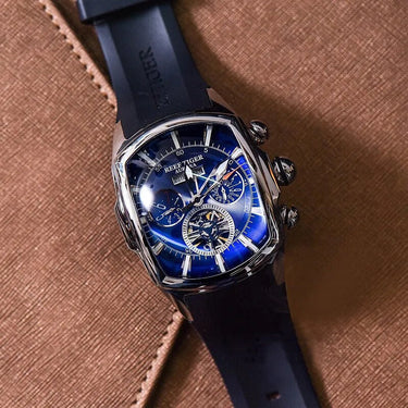Men Sport Tourbillon  Rubber Strap Blue Dial Automatic Mechanical Year Month Display Watches  -  GeraldBlack.com