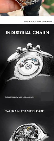 Men Sports Automatic Skeleton Steel Waterproof Tourbillon Watch Year Month Display Clock  -  GeraldBlack.com