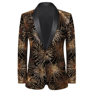 Men Stylish Gold Fireworks Sequin Glitter One Button Shawl Collar Slim Fit Suit Jacket Blazers Party Prom Stage Wedding Costume  -  GeraldBlack.com