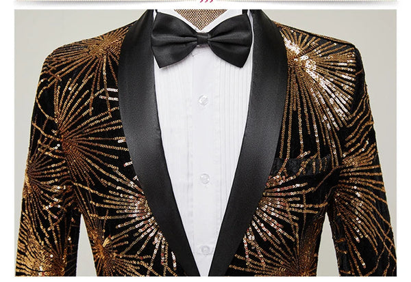 Men Stylish Gold Fireworks Sequin Glitter One Button Shawl Collar Slim Fit Suit Jacket Blazers Party Prom Stage Wedding Costume  -  GeraldBlack.com