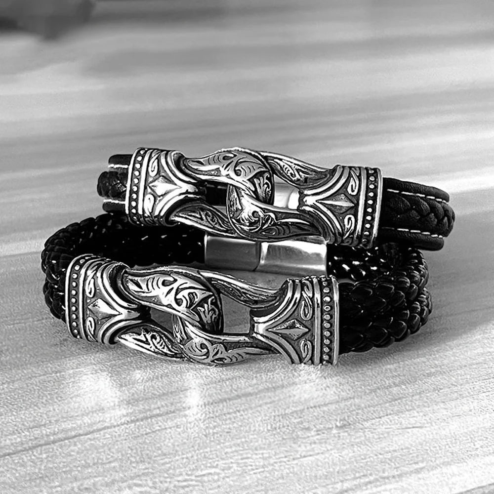 Men Vintage 316L Stainless Steel Viking Nordic Odin Viking Pattern Carved Leather Biker Bracelet Fashion Jewelry Gift  -  GeraldBlack.com