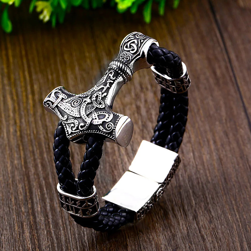 Men Vintage Double Leather Cord Viking Thor's Hammer Stainless Steel Biker Viking Rune Bracelet Jewelry  -  GeraldBlack.com