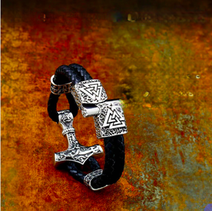 Men Vintage Double Leather Cord Viking Thor's Hammer Stainless Steel Biker Viking Rune Bracelet Jewelry  -  GeraldBlack.com