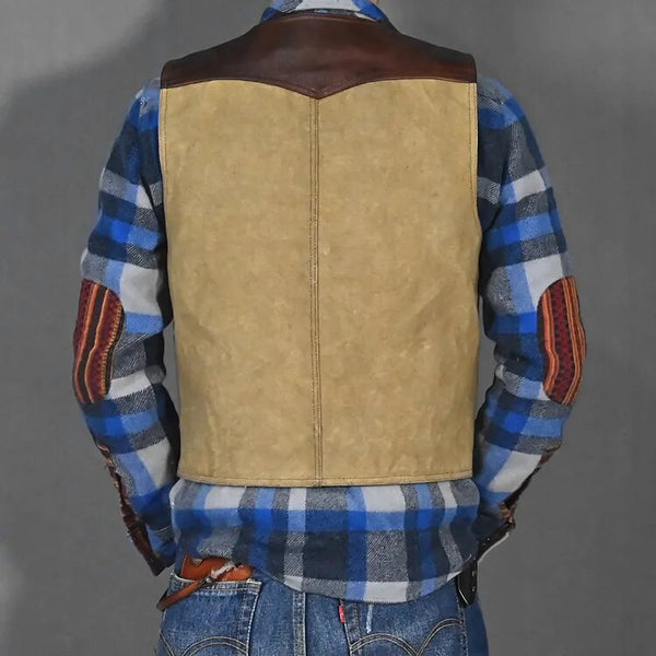 Men Vintage Minority Slim Short Oil Wax Canvas with Top Layer Cowhide Leather Vest  Jackets  -  GeraldBlack.com