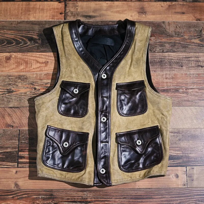Men Vintage Minority Slim Short Oil Wax Canvas with Top Layer Cowhide Leather Vest  Jackets  -  GeraldBlack.com