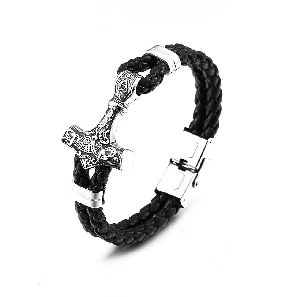 Men Vintage Viking Thor's Hammer Nordic Stainless Steel Viking Rune Bracelet Fashion Punk Leather Bracelet Jewelry  -  GeraldBlack.com