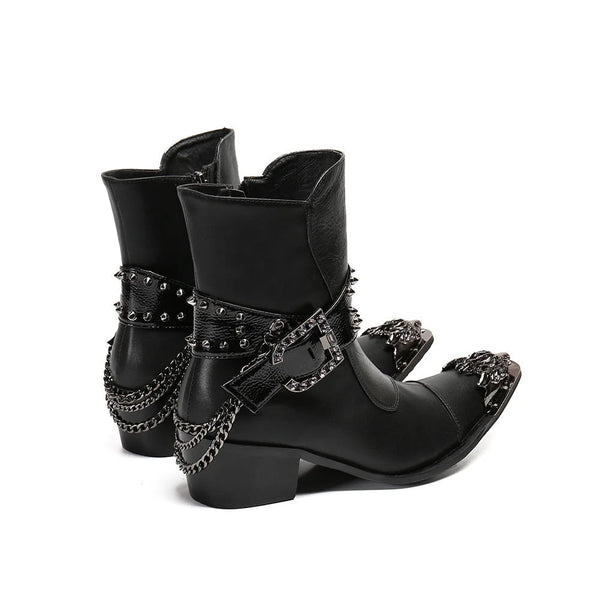 Men Western Cowboy Punk Handmade Pointed Iron Toe with Chains 6.5CM High Heel Ankle Boots  -  GeraldBlack.com